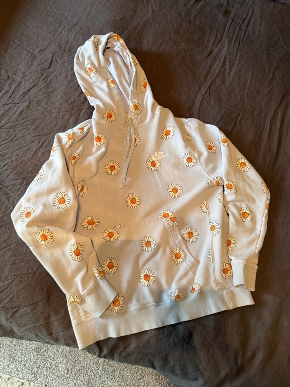 Nike Women's Light Blue Hoodie with Orange-Centered Daisy Print